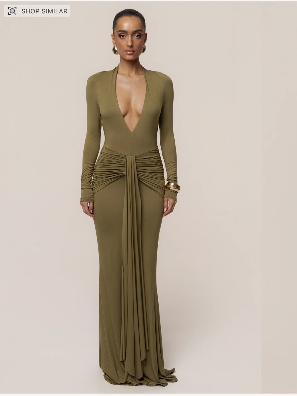 Olive Maxi Dress with Plunging Neckline